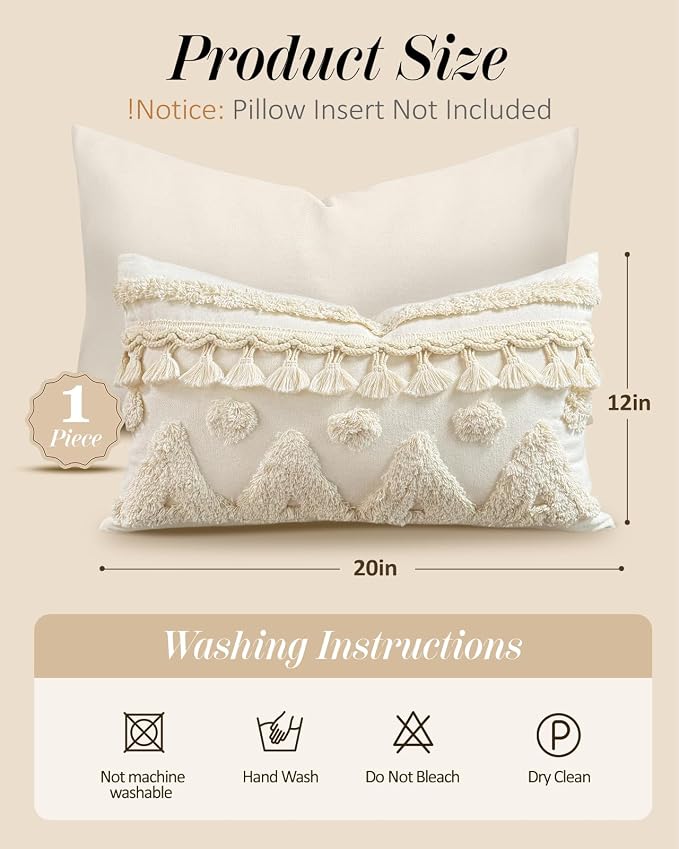 Lumbar Pillow Covers 12x20 - Tufted Boho Decorative Throw Pillow Cover with Zipper for Couch Sofa Bed Living Room Soft Aesthetic Farmhouse Textured Striped Oblong Pillowcase, Cream Tassel