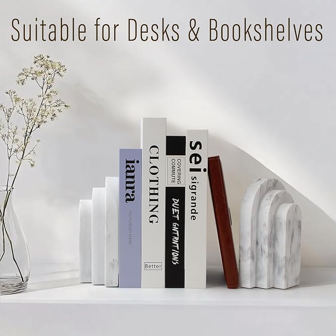 LIN CHUAN Heavy Duty Bookends for Shelves, Set of 2, Marble White Look | Book Ends for Heavy Books, Decorative Book Stopper with Faux Sandstone Finish, Layered Arch Design Bookshelf holder, 6.6 lbs