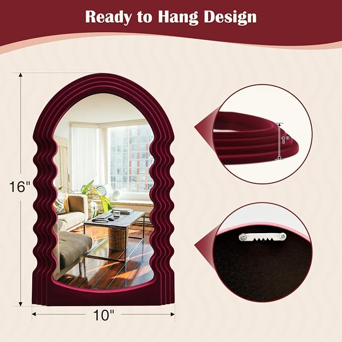 Mid-Century Modern Mirror Wall Decor for Home Office,Wine Red | 16x10",Soft Flocking Touch,Elegant Decorative Mirror for Entryway Porch Fireplace,Irregular Hanging Wall Art for Christmas
