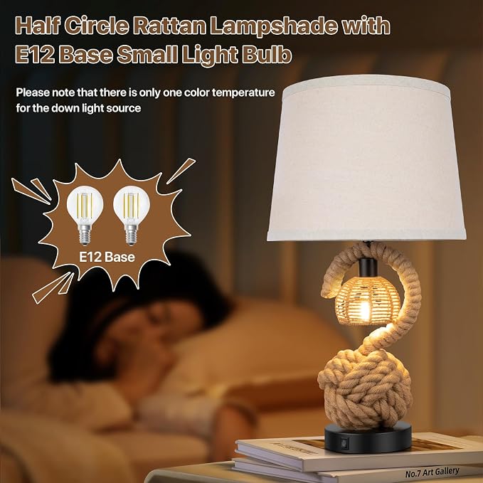 22" Rope Table Lamps for Night Stands, Dual-Lights Bedside Lamps Set of 2