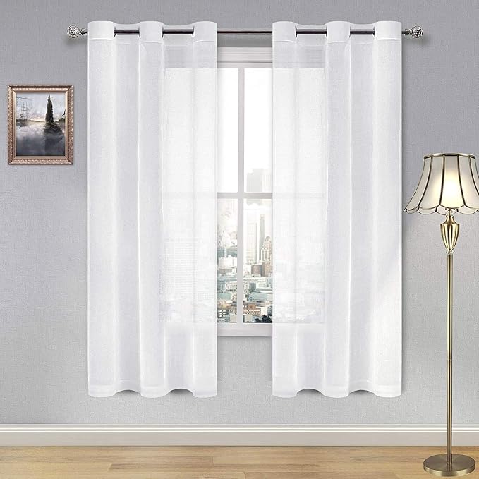 DWCN White Sheer Curtains, Linen Look Semi Transparent Voile Grommet Top Solid Lightweight & Airy Gauzy Curtains & Drapes for Living Dining Room Drapes W36 x L72 Inch Long, Set of 2 Panels