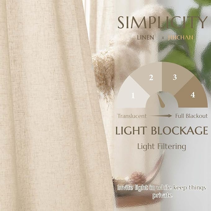 jinchan Lined Linen Curtains Privacy Back Tab 50x84 Inch 2 Panels Set Beige | Light Filtering Curtains with White Privacy Liner, Cottage Core Farmhouse Curtains for Living Room, Rod Pocket 84 Inch Length