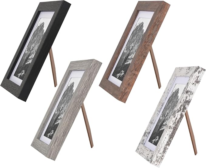 Americanflat Rustic 5x7 Picture Frame Set of 4 - Use as 4x6 Picture Frame with Mat or 5x7 Frame Without Mat - Photo Frame with Textured Engineered Wood, Shatter Resistant Glass, and Easel