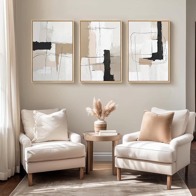 Framed Neutral Black and White Abstract Wall Art, 3 Piece Set, 16x24 In | Black beige pictures, Canvas prints, Modern painting, Minimalist artwork for walls, Wall decor for bedroom living room dining