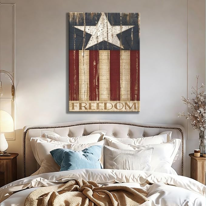 Rustic Patriotic Freedom Flag Canvas Art 24x36in, Vintage American Flag Wall Decor, 4th of July Independence Day Framed Prints, Artwork for Home, Kitchen & Office, Made in USA