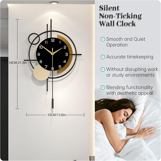 Wall Clock for Living Room Decor Modern Clock Pendulum Silent | Quartz Battery Operated Black Metal Decorative Large Clock for Dining Room,Kitchen,Home,Bathroom,Bedroom, Analog 13.8x21.3 in