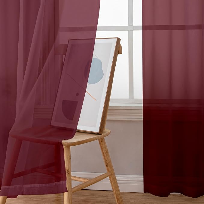 Simplebrand Red Sheer Curtains 96 Inches Long, Light Filtering Rod Pocket Solid Color Window Sheer Curtain Panels, Elegant Curtains & Drapes for Living Room, Bedroom 2 Panels (Burgundy, 42" W x 96" L)