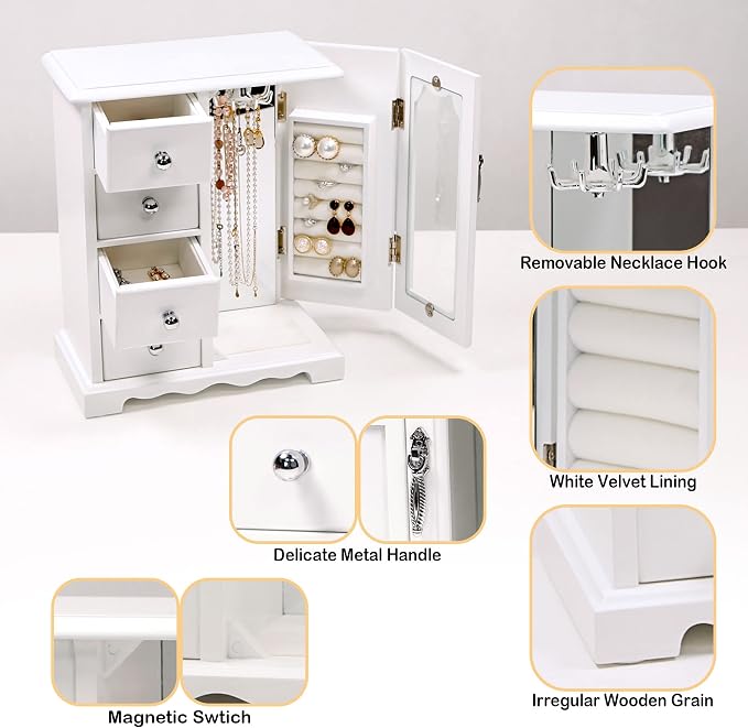 Kendal Wooden Jewelry Box for Women, Solid Jewelry Organizer, Jewelry Holder Organizer, Mothers Day Gifts, Wood Jewelry Case with Mirror for Necklaces, Earring, Rings (4 Drawer, White)