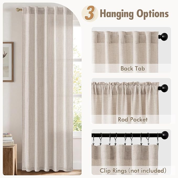 MIULEE Faux Linen Curtains 90 Inch Length 2 Panels Natural Beige Semi Sheer Curtain with Back Tab Rod Pocket, Light Filtering Window Privacy Burlap Drapes for Living Room Bedroom 42W x 90L