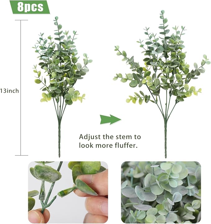 RECUTMS 8Bundles Artificial Eucalyptus Greenery Stems Plant 13In Dusty Blue | Plastic Boxwood Shrub Branch,No Maintenance,Weather-proof,long-term Reuse,Farmhouse Garden Vase Outdoor Planter Wedding Decor