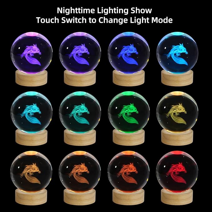 3D Axolotl Crystal Ball Night Light, Upgraded 3.15 Inch Glass Ball Lamp with 16 Color LED Wooden Base, Axolotl Decor Birthday Holiday Christmas Axolotl Gifts for Boys Girls Friends