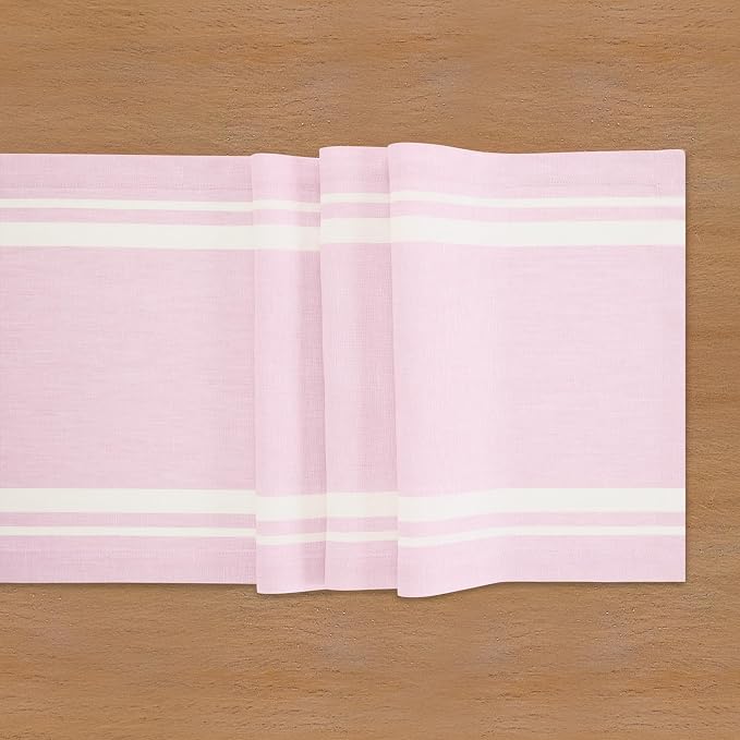 Solino Home 100% Pure Linen Table Runner, 14 x 72 in, White and Pink Stripe | French Stripe, a graceful centrepiece for dining and gatherings, European flax fibres, machine washable, OEKO-TEX Certified