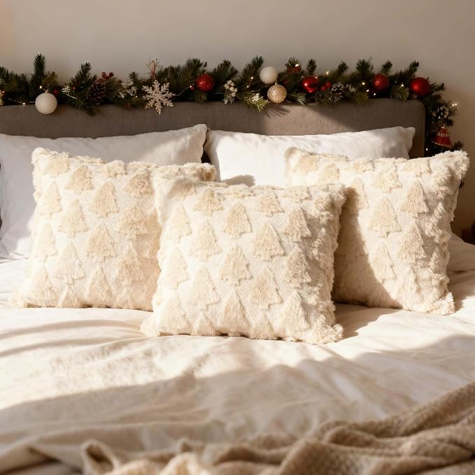 ONFAON Christmas Decorations -Christmas Pillow Covers 18 x 18 Inches Set of 2,Soft Plush Faux Fur Wool Beige Xmas Tree Throw Pillow Cases Winter Holiday Decor for Sofa Living Room