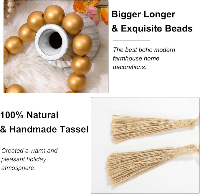 OMISHE 60" Long Extra Large Wood Bead Garland with 1.6" Diameter Wooden Beads and Tassels, Rustic Farmhouse Country Decorative Beads for Home Decor Tiered Tray Decor, Gold