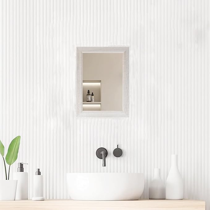 Small Rustic White Bathroom Mirror, Wooden Frame,11.8x15.8inch | Rectangle Wall Mirror, Hanging Horizontally or Vertically, Suitable for Living Room Bathroom Bedroom Entryway