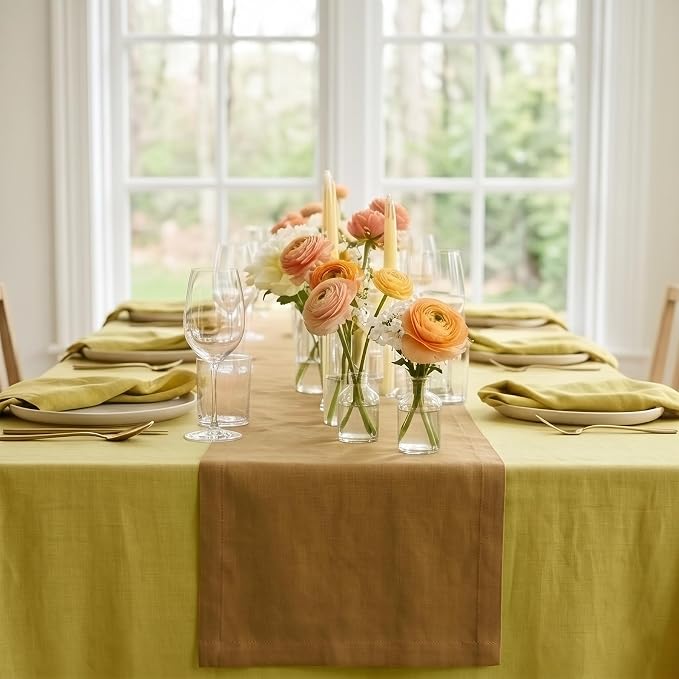 Solino Home 100% Pure Linen Table Runner Caramel Woven, Fete 14 x 72 in | dresses up dining tables for everyday meals, European flax fibres, handcrafted by skilled artisans, soft, OEKO-TEX Certified