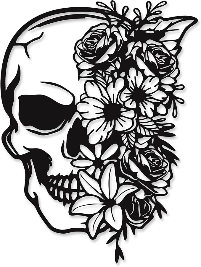 Rajukit Skull Wall Decor with Floral, Gothic | 3D metal skeleton with flowers; waterproof 14.4x10.7in; for bedroom, gothic room, patio; year-round goth/halloween; gift