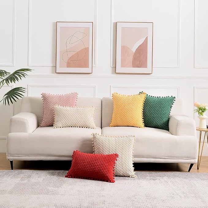 Fancy Homi Set of 2 Yellow Decorative Throw Pillow Covers 18x18 Inch with Pom-poms for Couch Bedroom Living Room, Modern Farmhouse Boho Spring Home Decor, Soft Corduroy Cute Cushion Case 45x45 cm