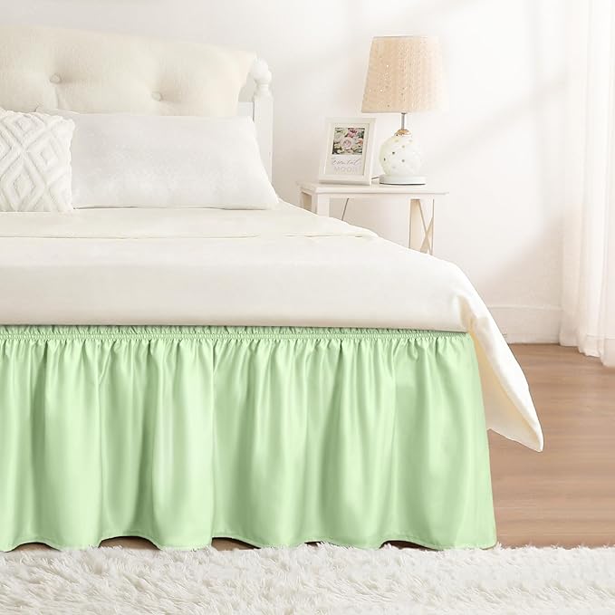 Baby Green Bed Skirt Queen Size 15" Drop, Elastic Wrap Around Bedskirt | Solid ruffled, Wrap-around/elastic, Wrinkle & Fade resistant, with Adhesive Strips, Gift Packed, Machine Wash/Tumble Dry/Iron