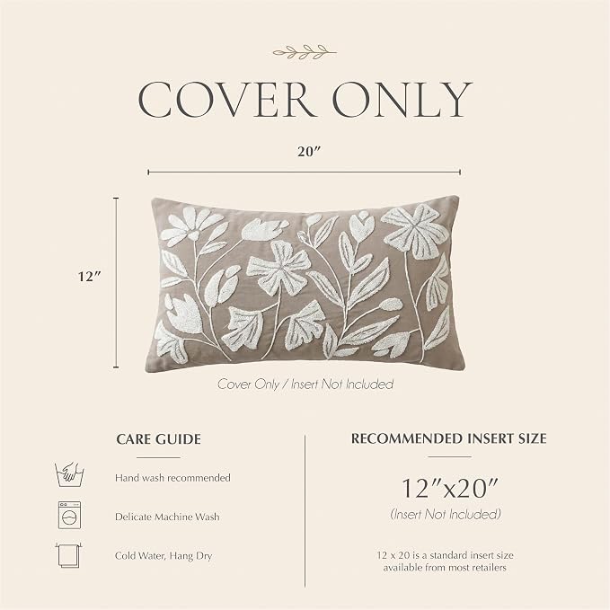 BlissBlush Decorative Lumbar Pillow Cover 12x20, Light Taupe Accent Velvet Throw Pillowcase for Couch Sofa Living Room, Floral Tufted Rectangular Cushion, Cover Only