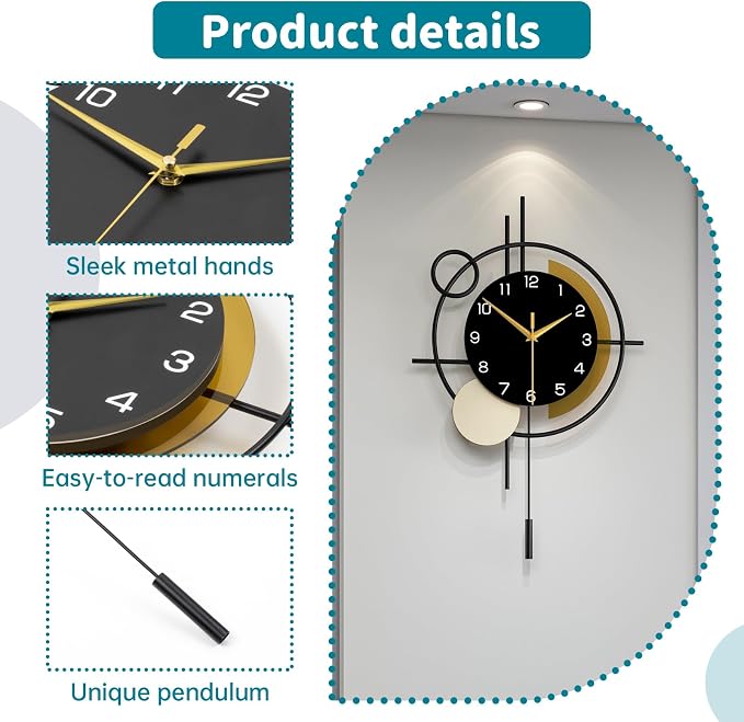 Wall Clock for Living Room Decor Modern Clock Pendulum Silent | Quartz Battery Operated Black Metal Decorative Large Clock for Dining Room,Kitchen,Home,Bathroom,Bedroom, Analog 13.8x21.3 in