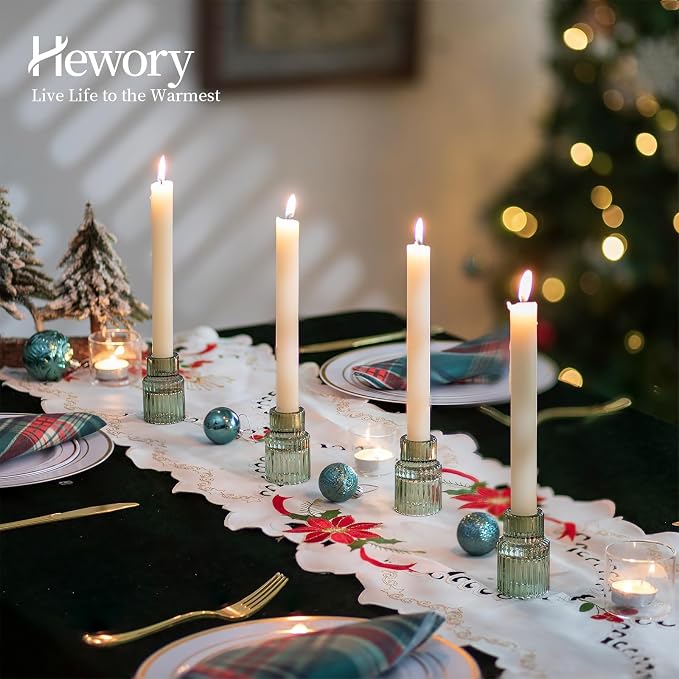 Hewory Taper Candle Holders Bulk, 10PCS Green Glass Candlestick Holders | For 0.86" Taper Candles, Ribbed, Vintage Candle Sticks Holder Decor, Wedding Table Centerpiece Bridal Showers Christmas Home