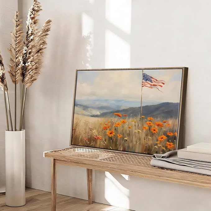 American Flag Framed Canvas Wall Art, 4th of July Patriotic Canvas Prints | Wildflower Meadow Landscape Poster Print, Vintage Rustic Independence Day Wall Decor for Bedroom Living Room 24×32in