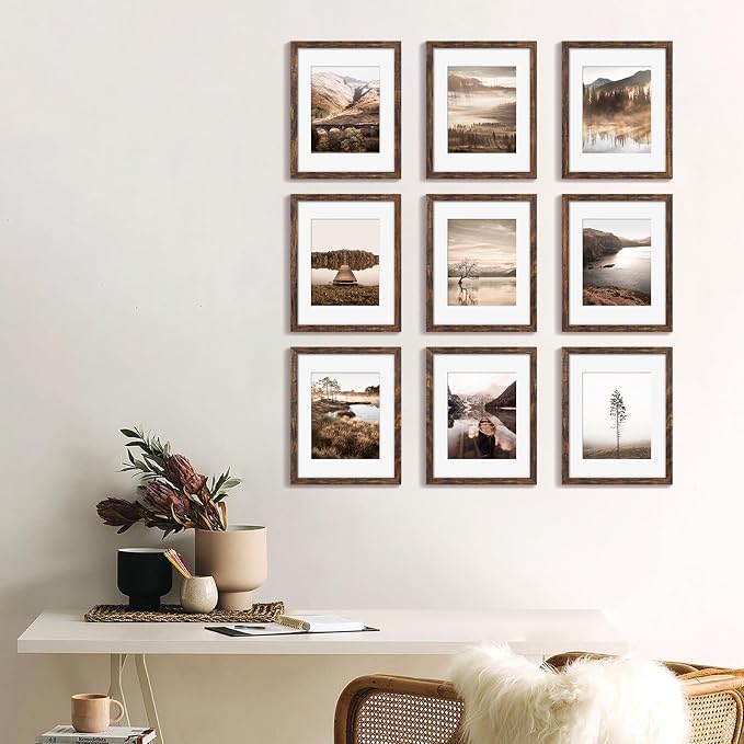 YESKAY 11x14 Picture Frame Set of 9, Photo Gallery Wall Frame Set, Display Pictures 8x10 with Mat or 11 x 14 Without Mat, Multi Photo Frames for Wall Mounting or Table Top Display, Rustic Brown