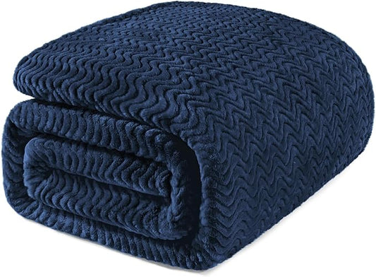 Exclusivo Mezcla Soft Fleece Blanket Queen Size for Bed, Sofa, Navy Blue | 90"x90" Breathable Lightweight Flannel Blanket for Summer, Plush Cozy Jacquard Wave for Home Decor
