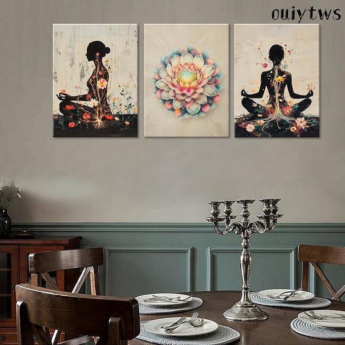 Framed yoga Zen Lotus Canvas Wall Art Set of 3, Meditation Decor 12x16in | Zen meditation wall art with lotus painting prints, floral poster design and Ready to Hang decor for bedroom,yoga room&office
