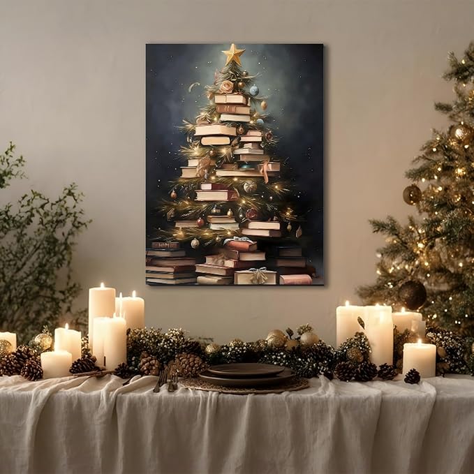Creative Christmas Book Tree Pictures 8x12, Modern Framed Canvas Wall Art for Living Room Wall Decor, Winter Cottagecore Paintings for Bedroom Bathroom, Xmas Holiday Decorations Gifts