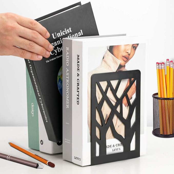 MaxGear Book Ends Tree Design Bookends for Shelves 7 x 4.7 x 3.5” 1 Pair | Metal Constructio,Heavy Duty,Non-Skid Pads,Scratch Resistant,Stable Support,Space Saving,2 Pieces,Bookcase Desktop Use