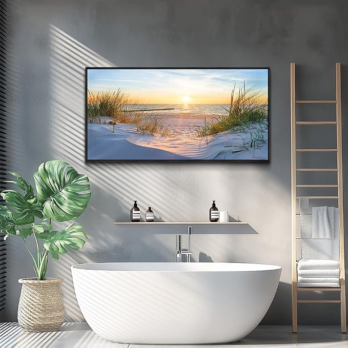 MHARTK66 Canvas Wall Art For Living Room Large Wall Decor For Office Bedroom Poster Art Prints Sun Seascape Wall Painting Blue Ocean Pictures Artwork For Walls Black Wood Framed 24" X 48"