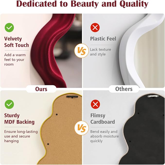 Small Wall Mirror Decor for Hallway Home Office Fireplace,Wine Red | 16x10",Soft Flocking Touch,Cute Wavy Decorative Hanging Mirror for Nursery Room Apartment Living Room Modern Home Decoration
