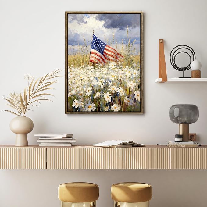 American Flag Framed Canvas Wall Art, 4th of July Patriotic Canvas Prints | Wildflower Landscape Poster Print, Vintage Rustic Independence Day Wall Decor for Bedroom Living Room Office 16×20in