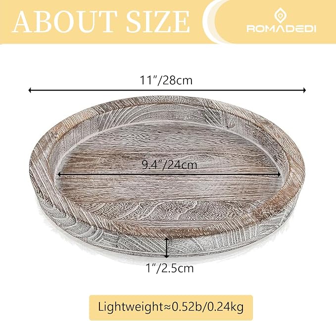 Romadedi Farmhouse Wooden Candle Tray, 11 Inch Round, Whitewashed