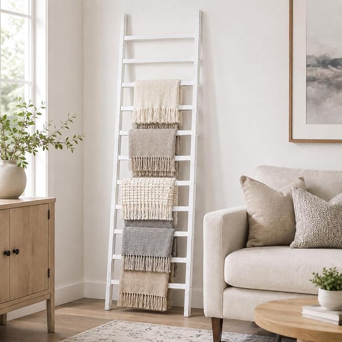 FUIN Blanket Ladder, 24 in Wide 11-Rung Solid Wood Rustic Decor Rack, White | 11 rungs and 24in wide, Solid wood visible grain, Angled lean-to design, Anti-slip support, Living room and bathroom use