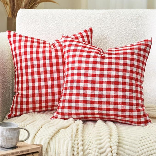 Red and White Gingham Plaid Christmas Throw Pillow Covers 22x22 Set of 2 | 22 x 22 Red Christmas Textured Pillow Covers, Vintage Farmhouse Red Christmas Decor, Fundas Para Cojines De Sala Navidad