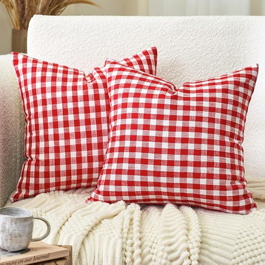 Red and White Outdoor Christmas Gingham Plaid Throw Pillow Covers 16x16 | Set of 2 Christmas Plaid Decor Pillow Covers 16 x 16,Cotton Textured Fabric,Vintage Farmhouse Rustic Red Christmas Xmas Decor