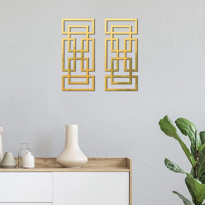 2 Piece Gold Rectangular Wall Mirrors, 15.7×7 Inch Geometric Wooden Frame Acrylic Wall-Mounted Modern Mirror Decor for Bathroom Bedroom Living Room Office Farmhouse Home Decorations