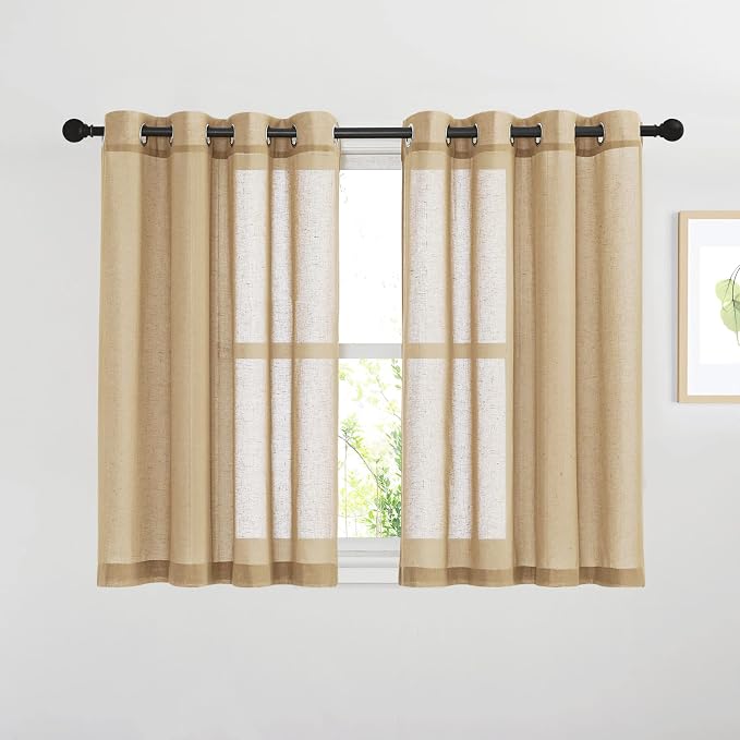 NICETOWN Linen Curtains 45 inch Length for Bathroom, Ring Top Semi Sheer Drapes Privacy with Light Through Window Treatments for Bedroom/Kids Room, Camel, W52 x L45, 2 Pieces
