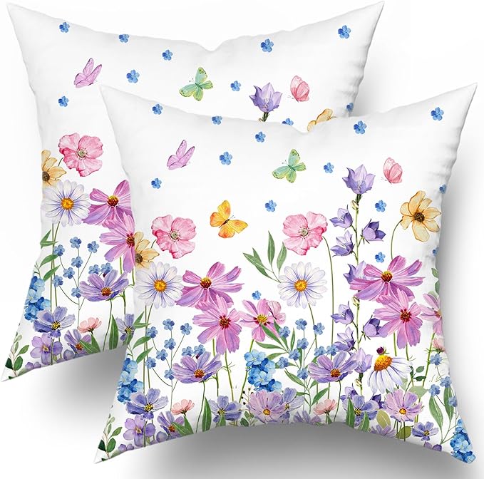 Watercolor Floral Pillow Covers 22x22 Inches Set of 2 Spring Summer Wildflower Butterfly Cotton Cushion Covers for Home Home Sofa Couch