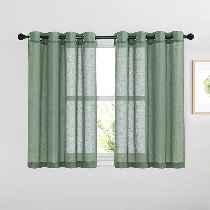 NICETOWN Semi Sheer Short Curtains for Small Window, Eyelet Top Bedroom Curtain Drapes Privacy with Light Filtering Linen Blend for Bedroom/Cafe/Kitchen, Olive Green, 2 Panels, W52 x L45
