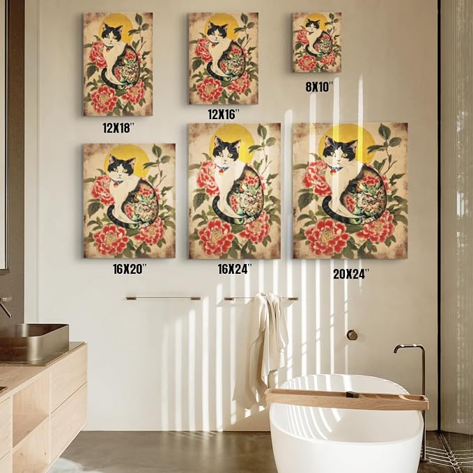 Wesluin 16"x20" Samurai Cat Canvas – Bushido Japanese Cat Wall Art | Meow-shi warrior strikes a fierce pose in armor. Playful kung fu energy. Hook included, ready to hang.