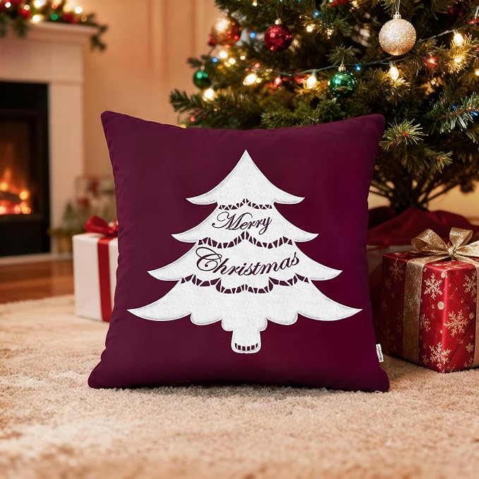 BRAWARM Christmas Pillow Cover 18 X 18 Inches, Burgundy Christmas Tree Embroidered Pillow Cover, Soft Velvet Decorative Throw Pillow for Couch Bed Sofa Living Room Home