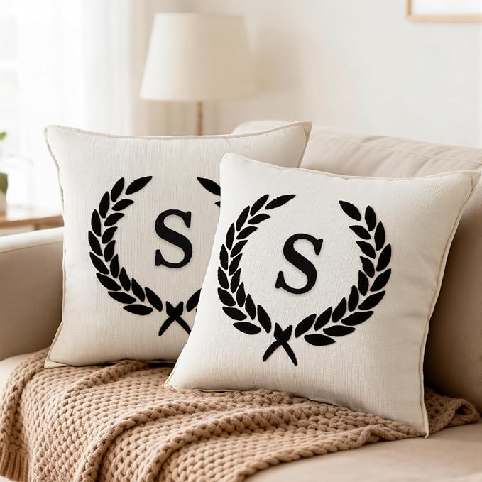 Pack of 2 Chenille Initials Pillowcases 18x18 inch Cream White