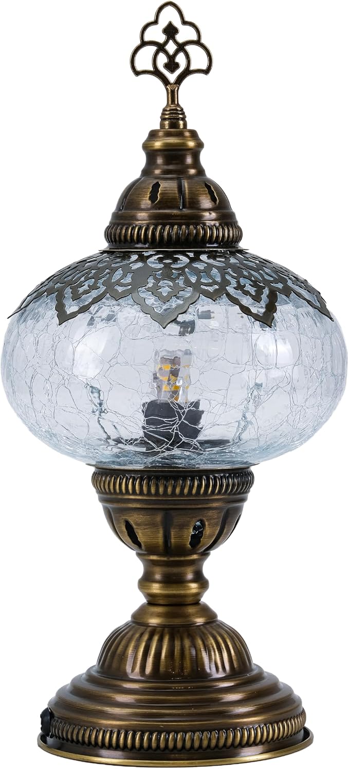 Cracked Clear Moroccan Mosaic Table Lamp – Handmade Turkish Glass, Light Bulb Included, Boho Chic Bedside & Living Room Accent