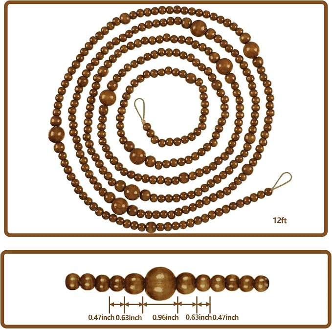 12 Feet Summer Christmas Wooden Beads Garland Round Craft Farmhouse Vintage Christmas in July Wood Bead Garlands for Xmas Supplies(Coffee)