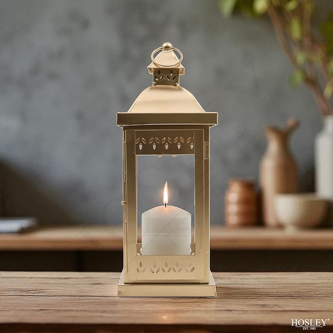 Hosley 15 Inch High Large Clear Glass Iron Classic Style Lantern Gold. Ideal Gift for Parties Weddings Aromatherapy and LED Spa Settings 05