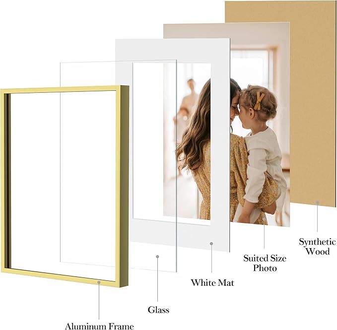 eletecpro Aluminum Gallery Wall Frame Set of 15 with Glass Cover, Gold | Including 3Pcs 8x10, 6Pcs 5x7, 6Pcs 4x6 Photo Frames, Multiple Sizes Picture Frames Collage Wall Decor or Tabletop Display
